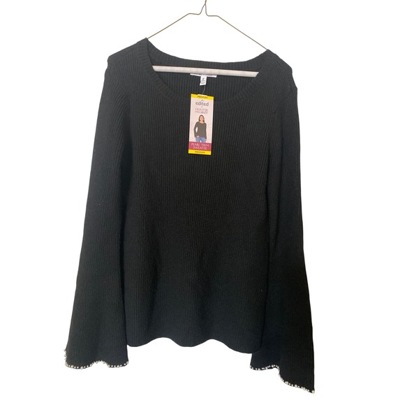 Edited x Hunter McGrady Sweaters - Edited x Hunter McGrady Black Ribbed Pearl Trim Sweater Bell Sleeve Size M NWT